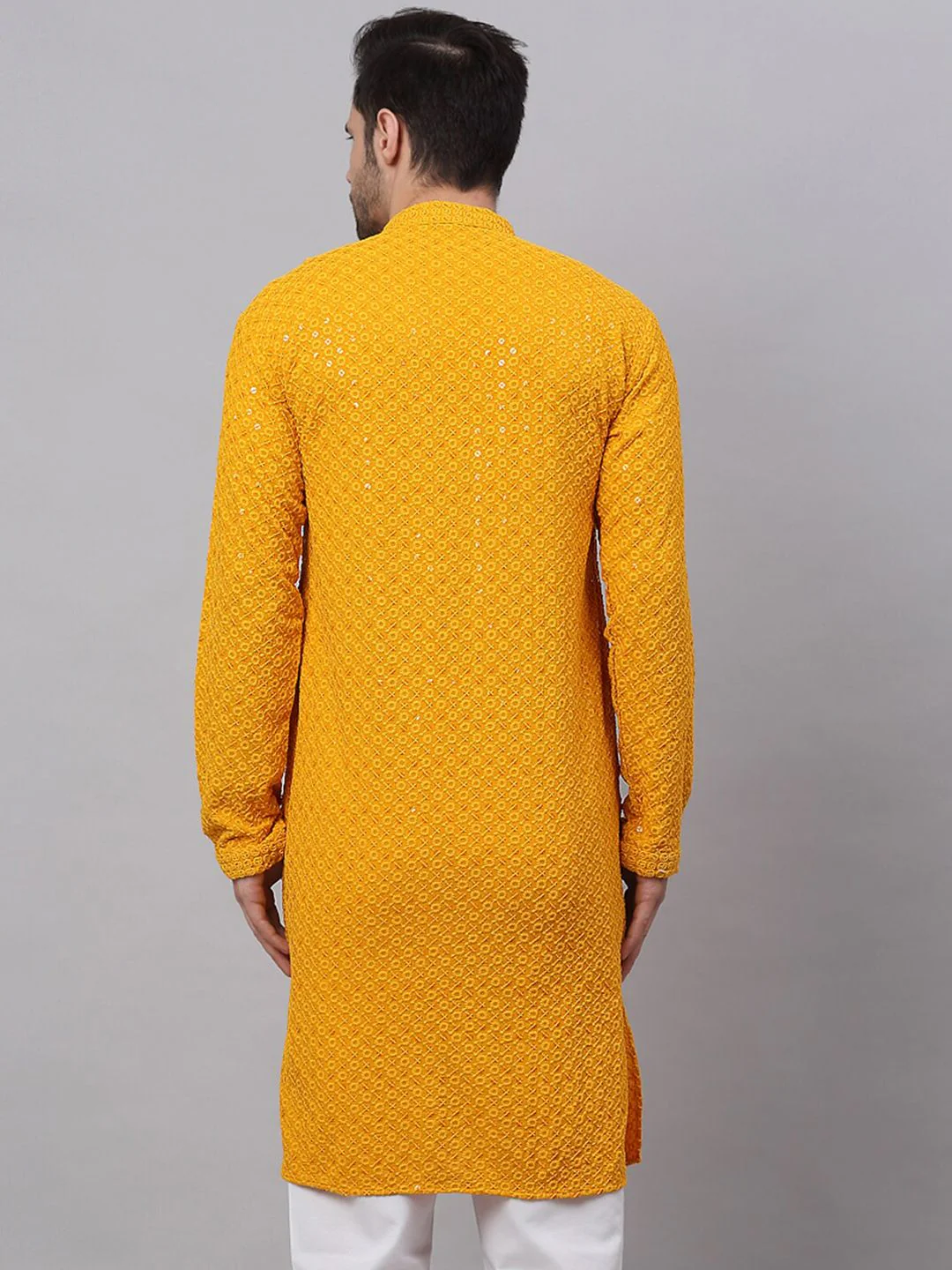 Jompers Men Mustard Yellow Floral Embroidered Sequined Cotton Kurta - Image 5
