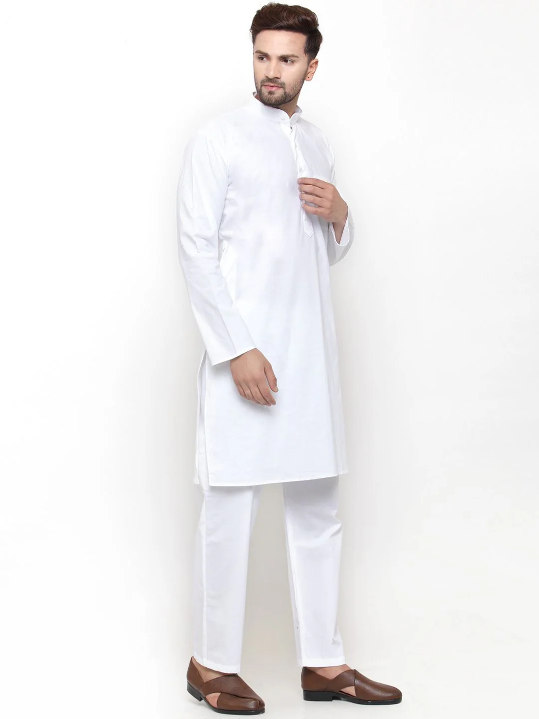 Jompers Men White Solid Kurta with Pyjamas - Image 3