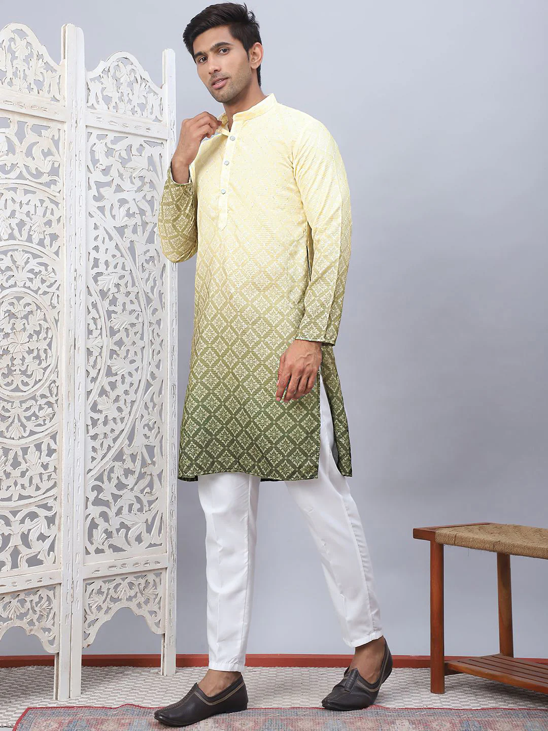 Jompers Ombre Printed Mandarin Collar Sequinned Straight Kurta With Pyjamas - Image 6