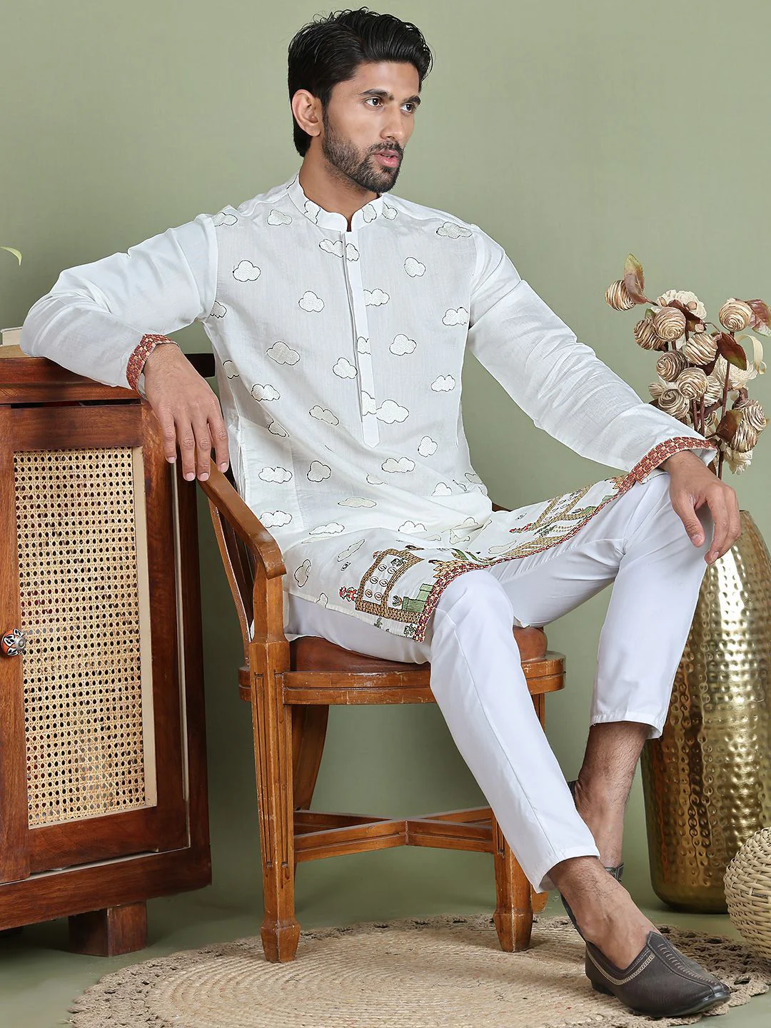 Jompers Quirky Embroidered Mandarin Collar Straight Kurta With Pyjama - Image 6