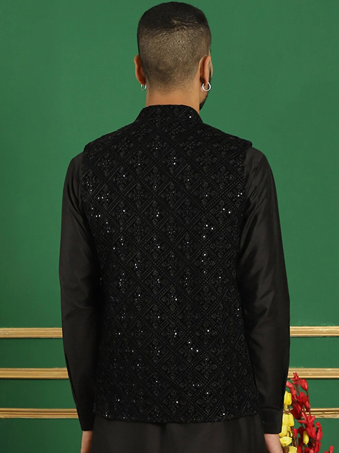 Jompers Sequin Embroidered Mandarin Collar Velvet Nehru Jacket - Image 5