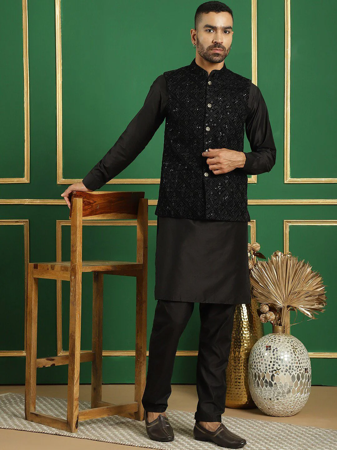 Jompers Sequin Embroidered Mandarin Collar Velvet Nehru Jacket - Image 6