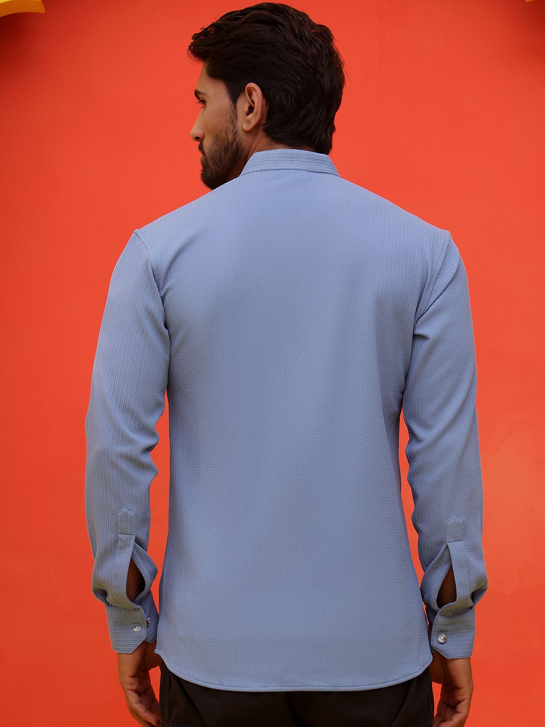 Jompers Striped Band Collar Long Roll-Up Sleeves Straight Kurta - Image 3