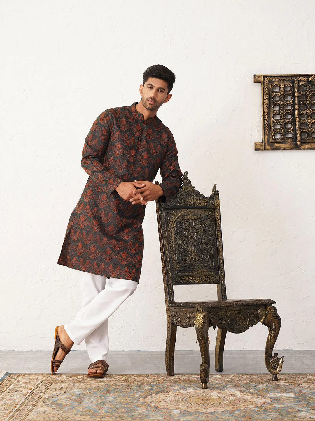 Jompers Woven Design Printed Mandarin Collar Straight Kurta - Image 4