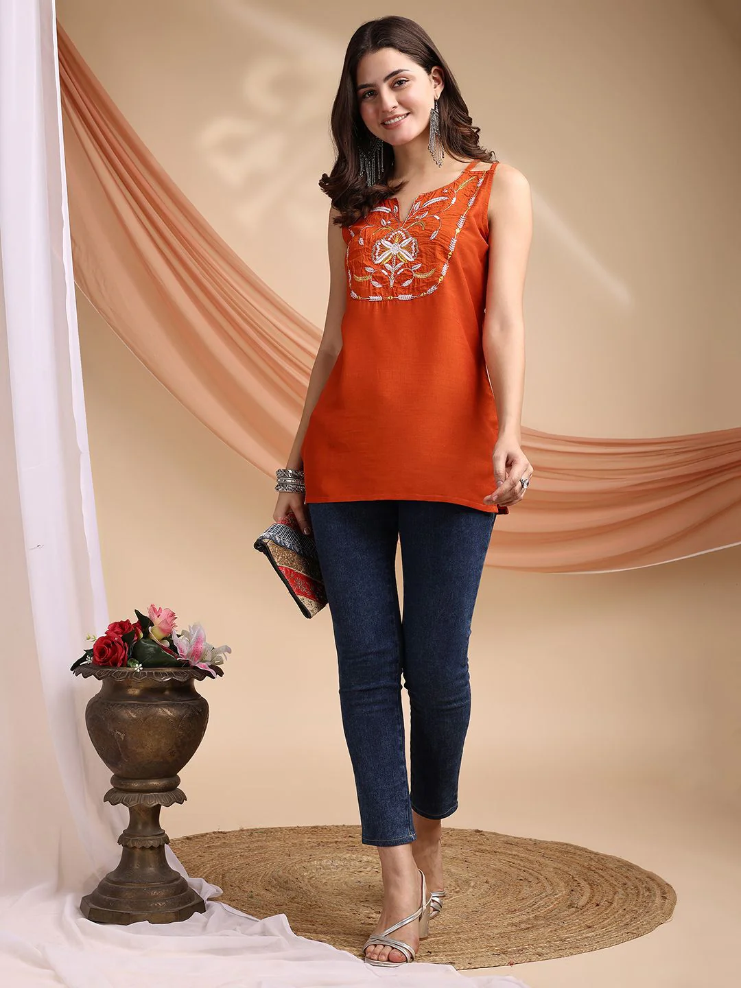 KALINI Ethnic Motifs Embellished Notch Neck Cotton Silk Kurti - Image 4