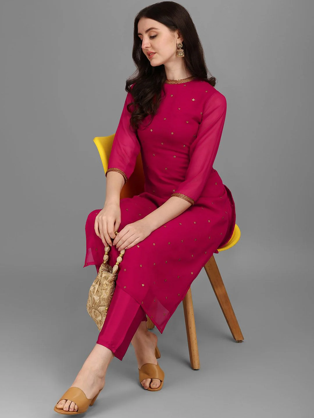 KALINI Ethnic Motifs Embellished Straight Sequinned Kurta with Trousers - Image 6