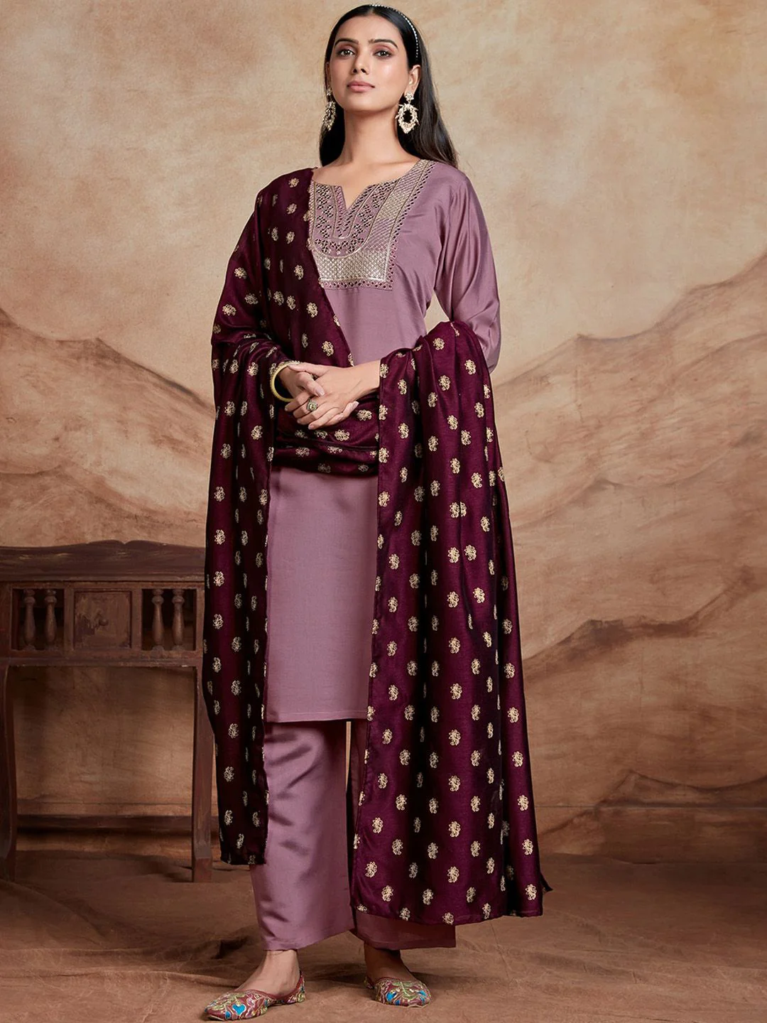 KALINI Ethnic Motifs Embroidered Chanderi Silk Straight Kurta With Palazzos & Dupatta