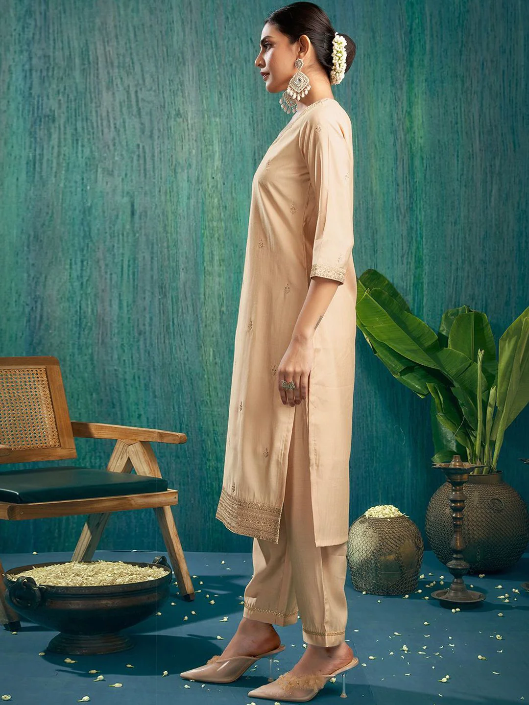 KALINI Ethnic Motifs Embroidered Sequinned Chanderi Silk Kurta & Trouser & Dupatta - Image 3