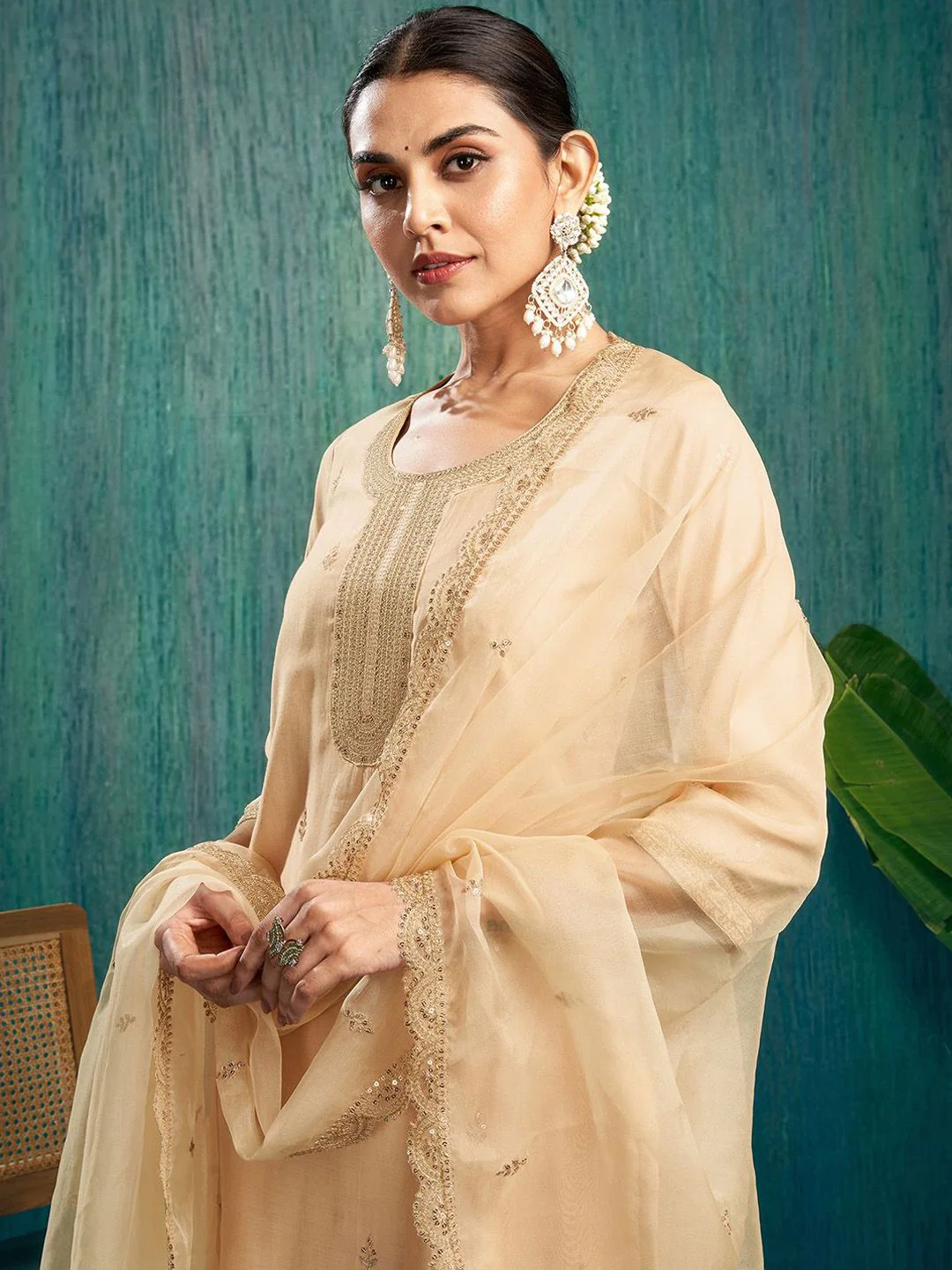 KALINI Ethnic Motifs Embroidered Sequinned Chanderi Silk Kurta & Trouser & Dupatta - Image 4