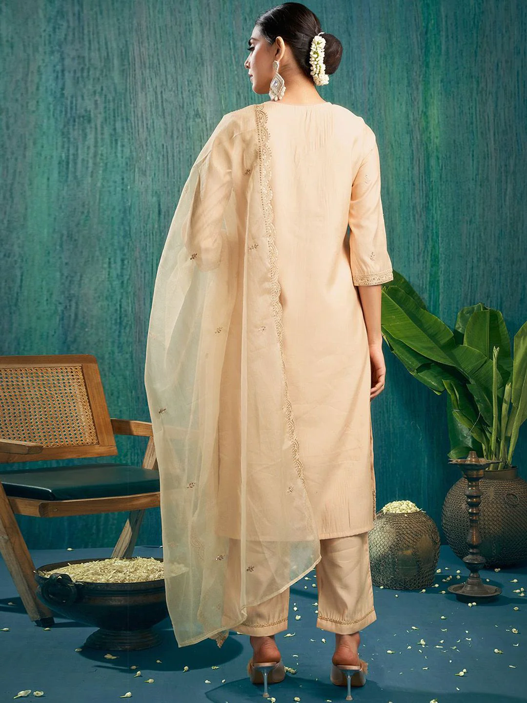 KALINI Ethnic Motifs Embroidered Sequinned Chanderi Silk Kurta & Trouser & Dupatta - Image 5