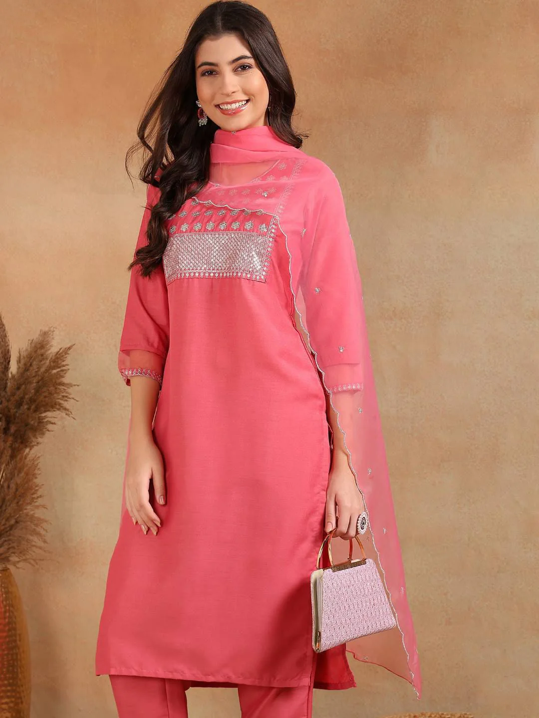 KALINI Ethnic Motifs Embroidered Sequinned Straight Kurta With Trouser & Dupatta - Image 3