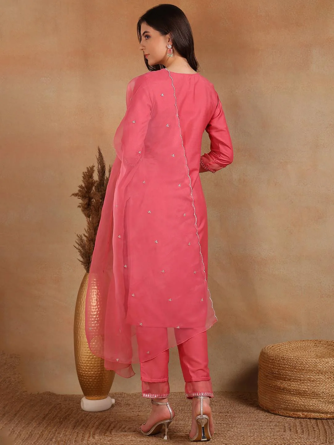 KALINI Ethnic Motifs Embroidered Sequinned Straight Kurta With Trouser & Dupatta - Image 5