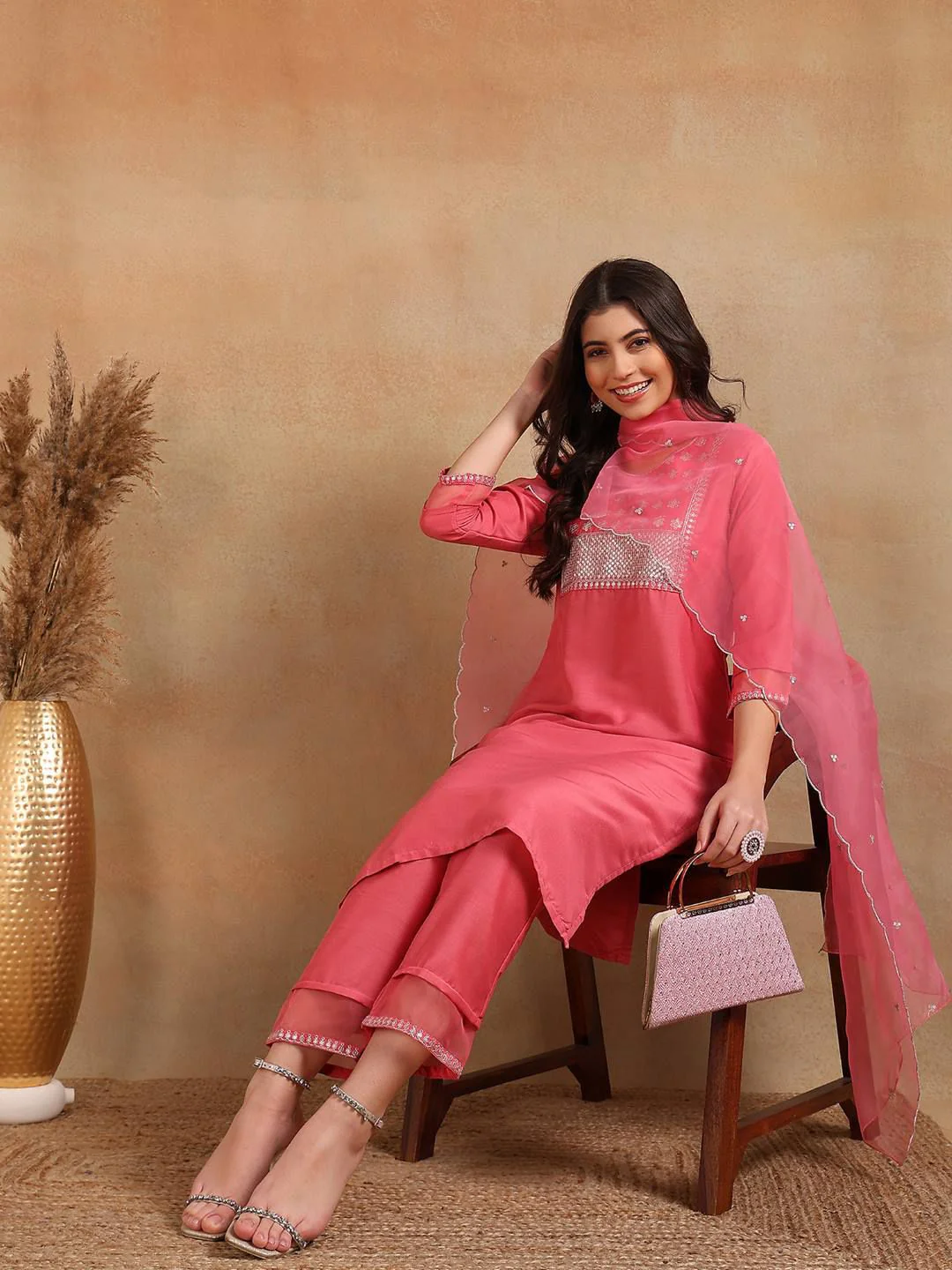 KALINI Ethnic Motifs Embroidered Sequinned Straight Kurta With Trouser & Dupatta - Image 7