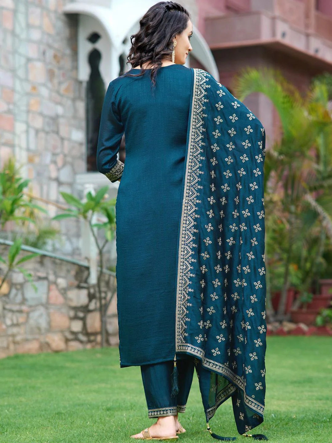 KALINI Ethnic Motifs Embroidered Straight Kurta with Trousers & Dupatta - Image 6