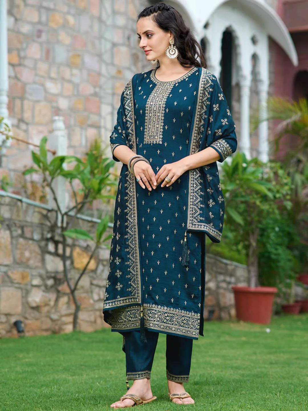 KALINI Ethnic Motifs Embroidered Straight Kurta with Trousers & Dupatta - Image 7