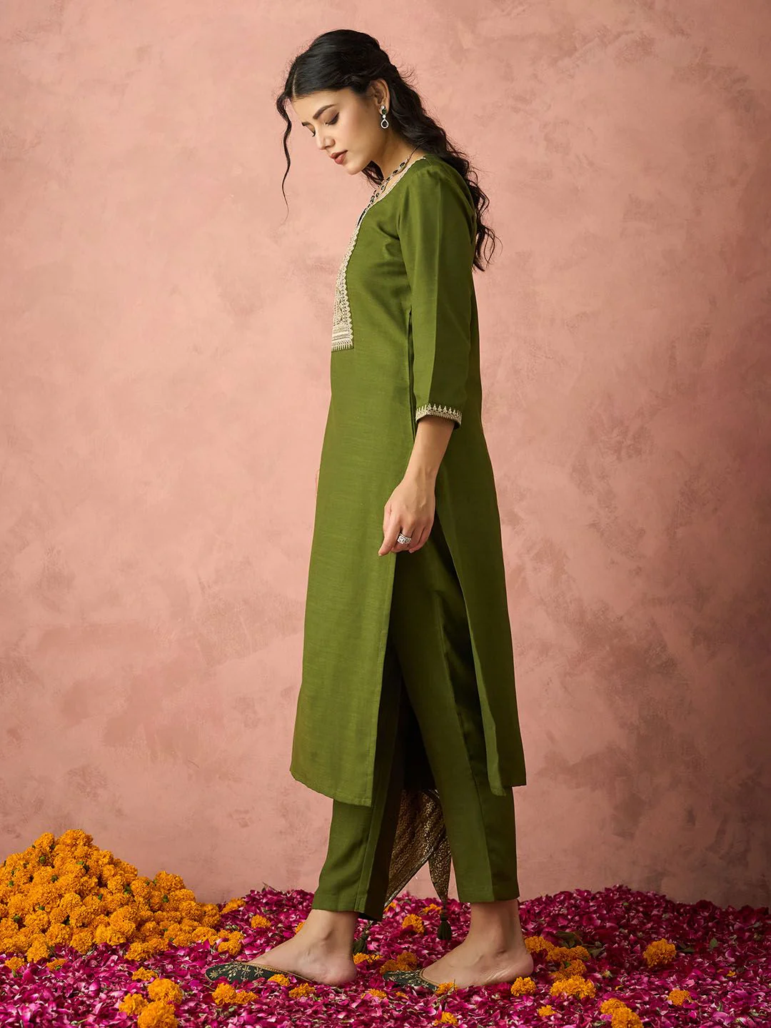 KALINI Ethnic Motifs Embroidered Straight Kurta With Trousers & Dupatta - Image 3