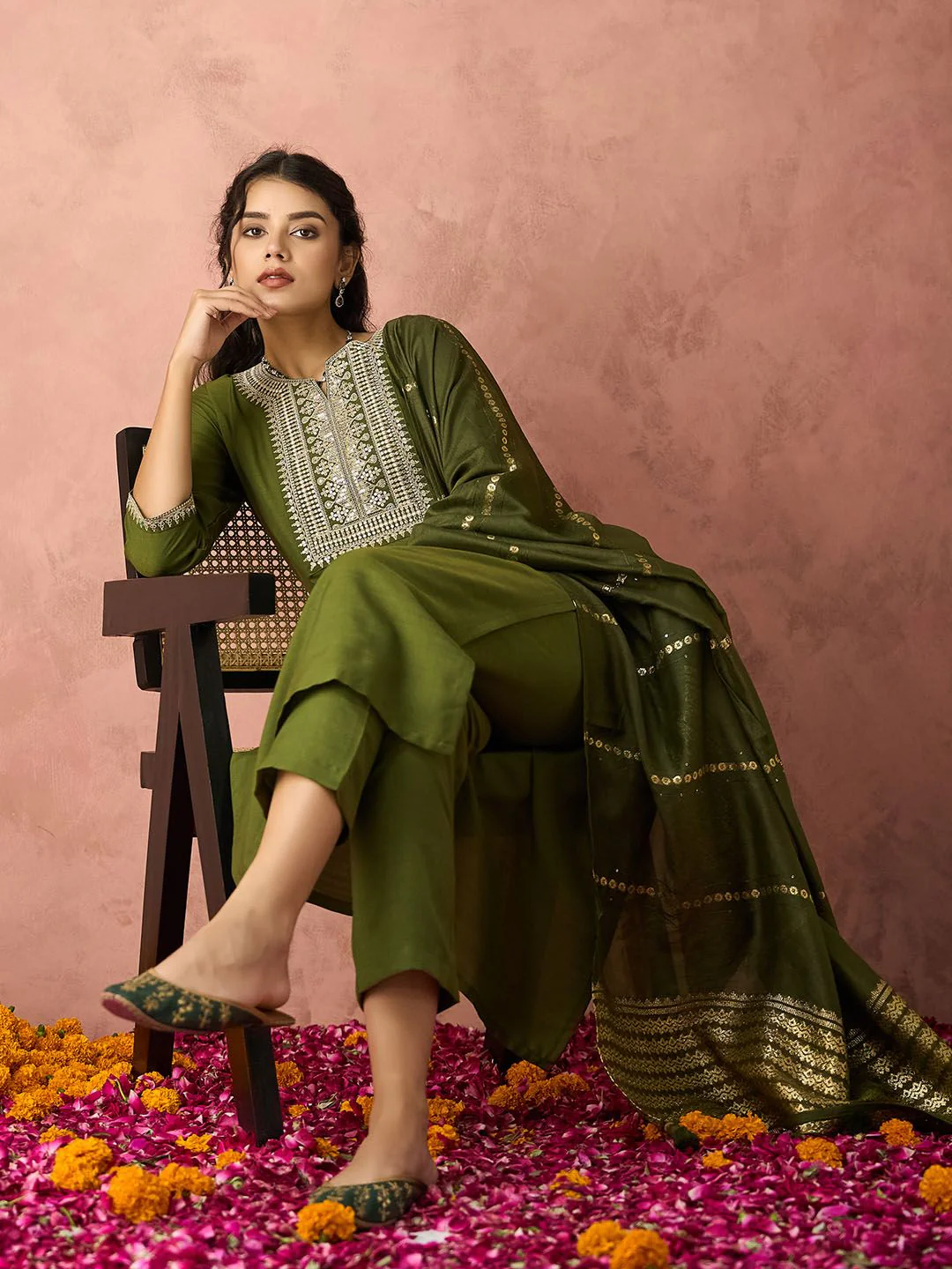 KALINI Ethnic Motifs Embroidered Straight Kurta With Trousers & Dupatta - Image 4