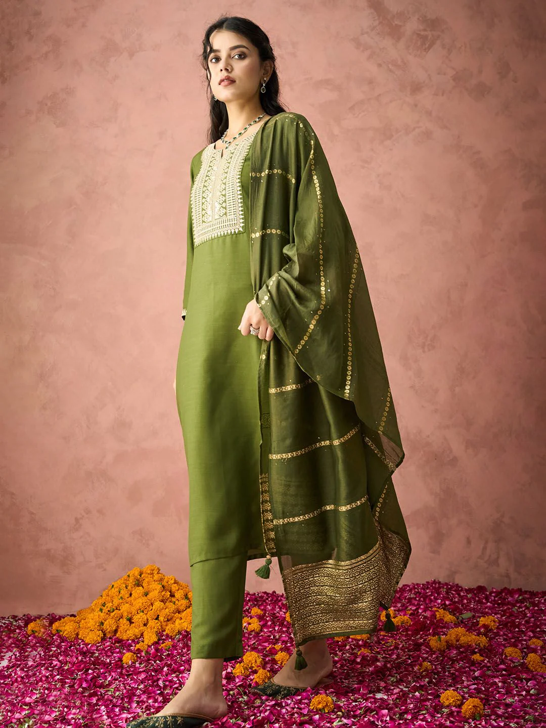 KALINI Ethnic Motifs Embroidered Straight Kurta With Trousers & Dupatta - Image 5