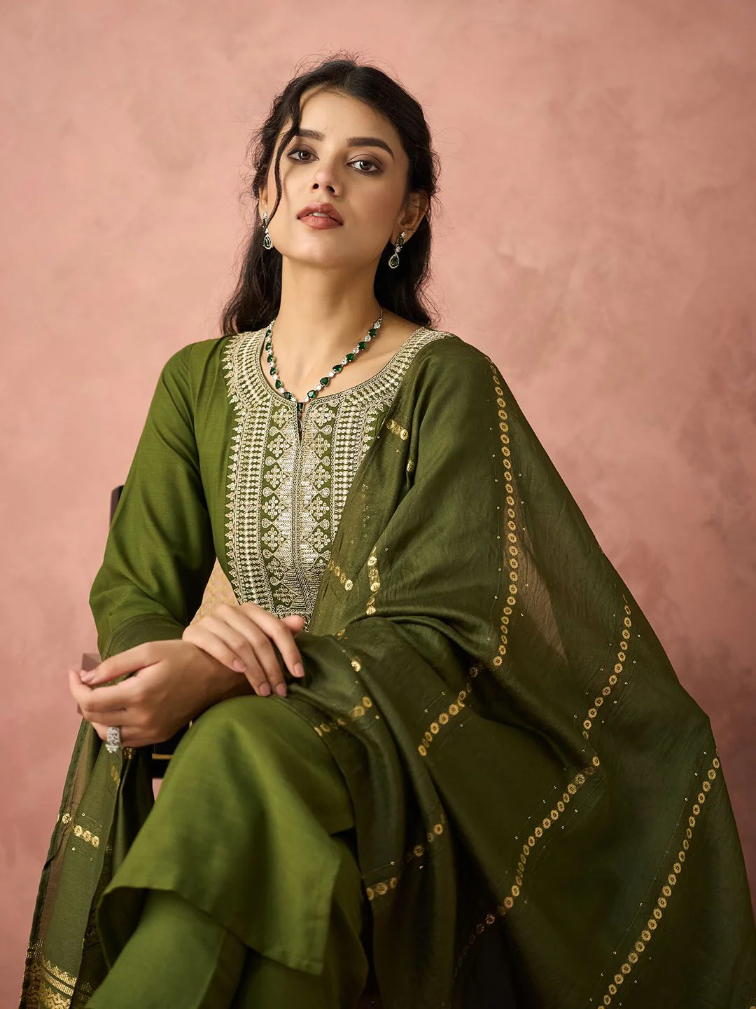 KALINI Ethnic Motifs Embroidered Straight Kurta With Trousers & Dupatta - Image 6