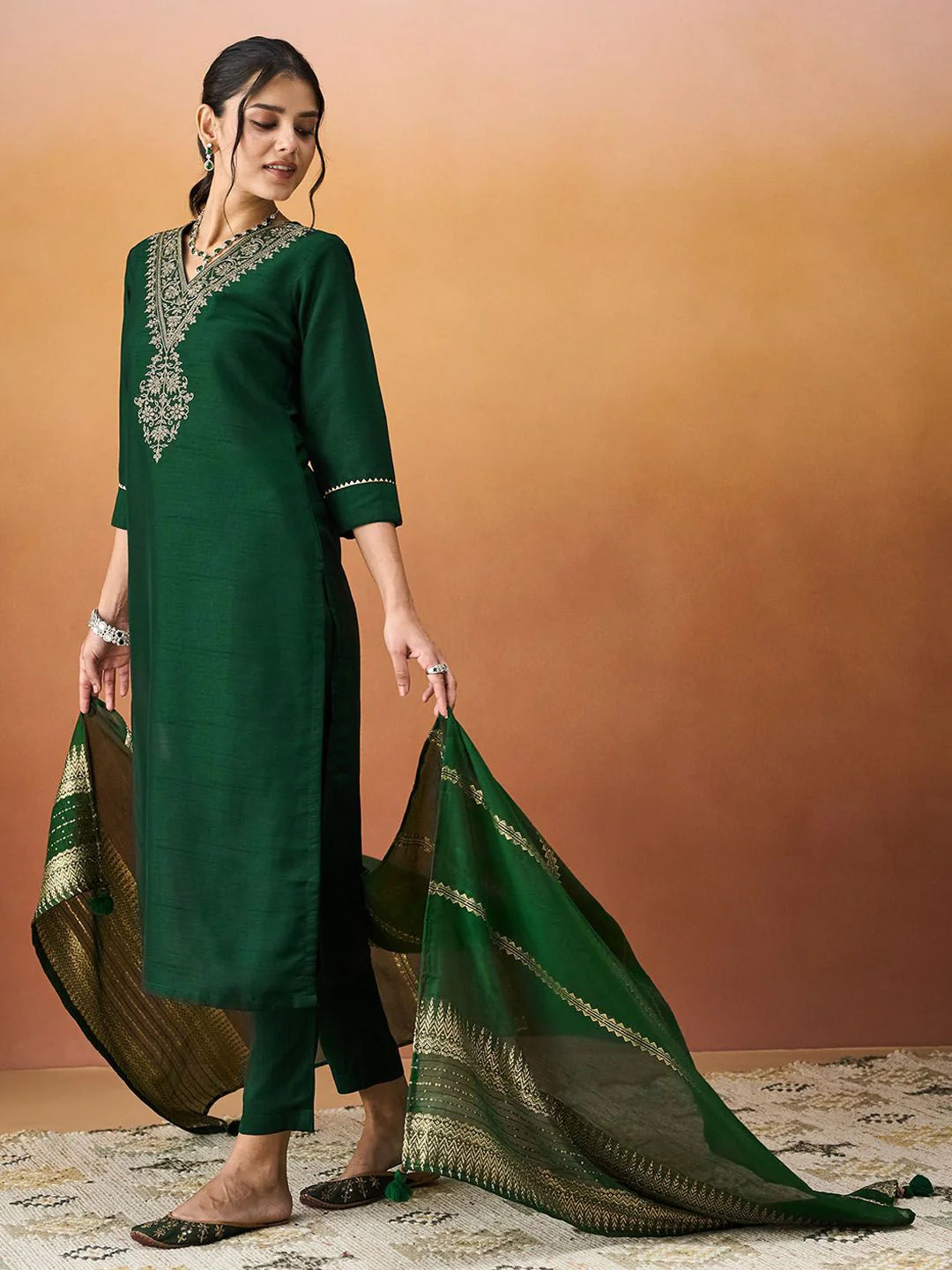 KALINI Ethnic Motifs Embroidered V-Neck Straight Kurta With Trousers & Dupatta - Image 3