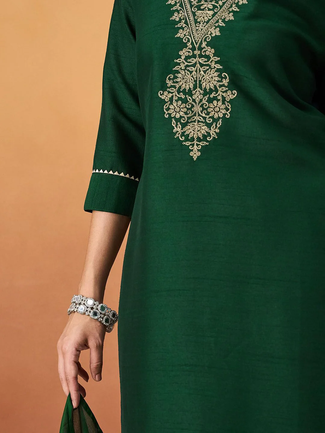 KALINI Ethnic Motifs Embroidered V-Neck Straight Kurta With Trousers & Dupatta - Image 6
