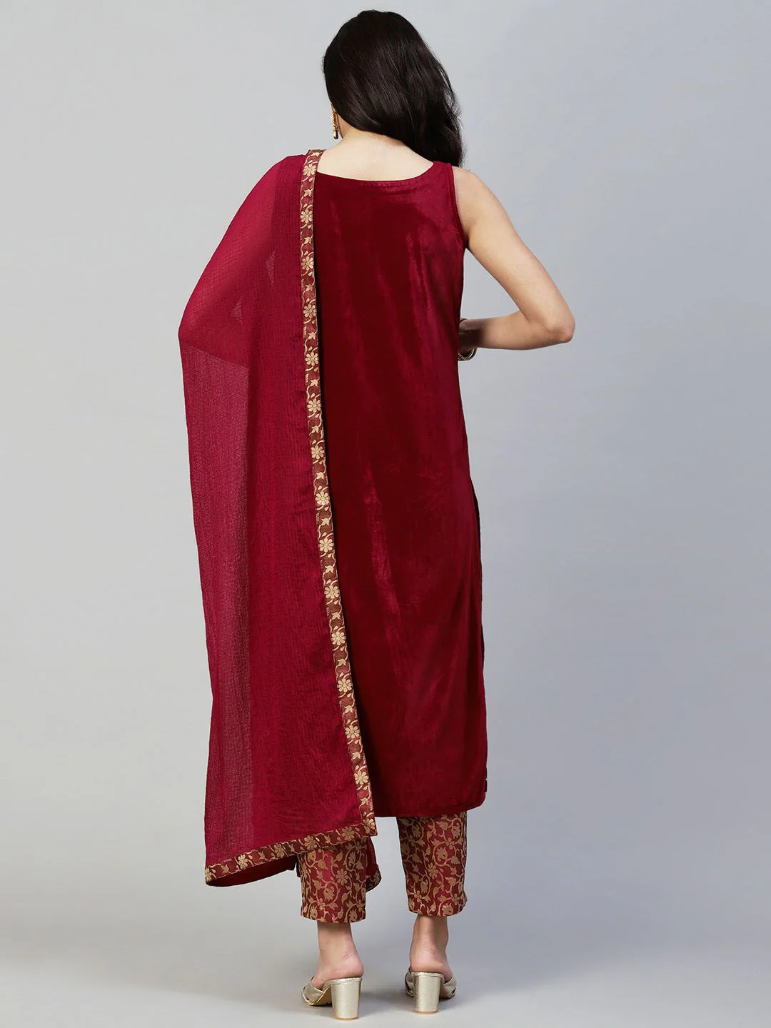KALINI Ethnic Motifs Embroidered Velvet Straight Kurta With Trousers & Dupatta - Image 6