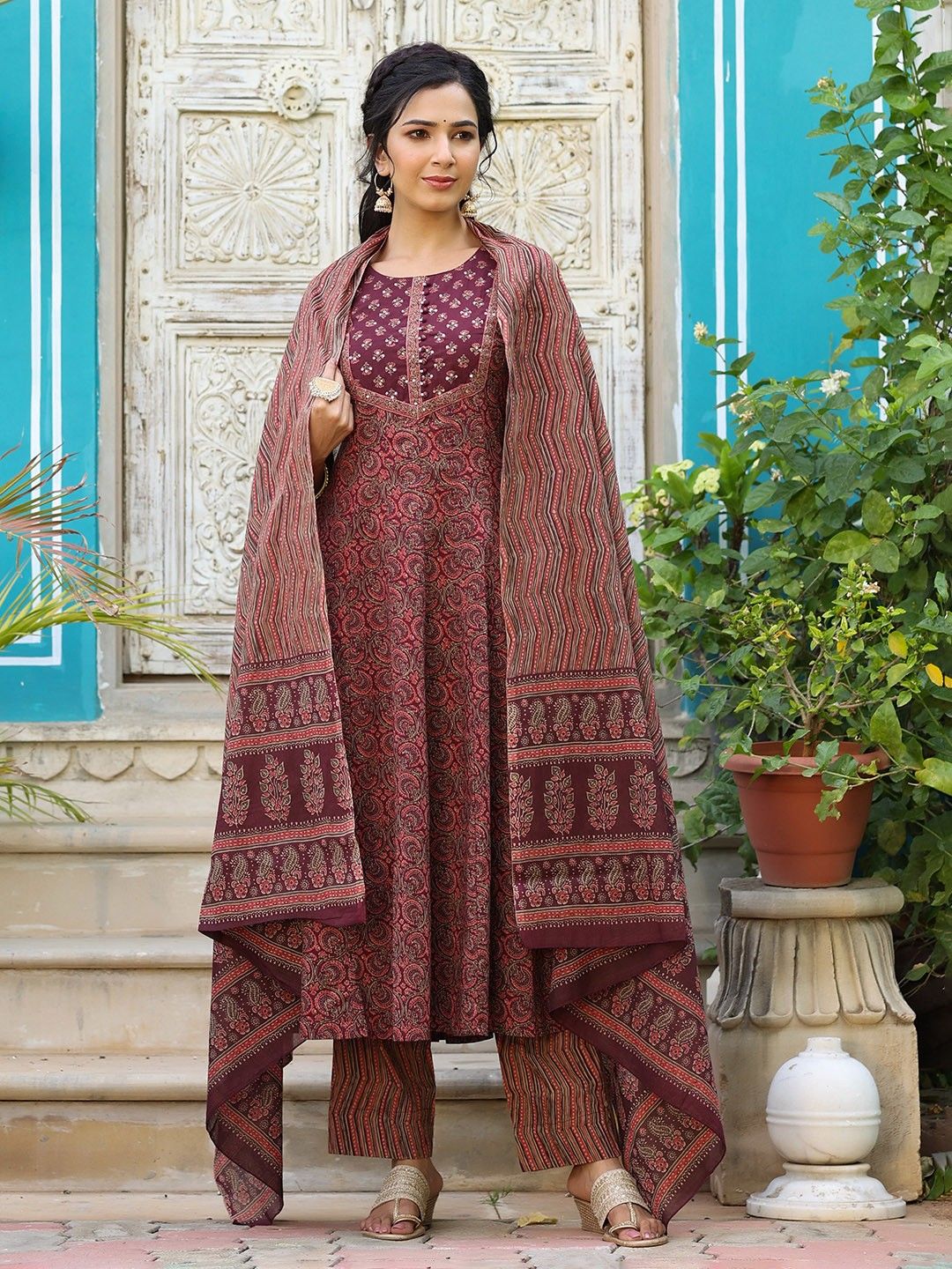 KALINI Ethnic Motifs Printed Empire Sequinned Kurta with Trousers & Dupatta - Image 7