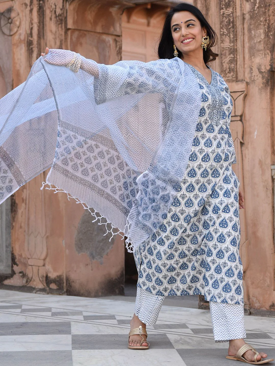 KALINI Ethnic Motifs Printed Regular Straight Kurta With Trousers & Dupatta - Image 4