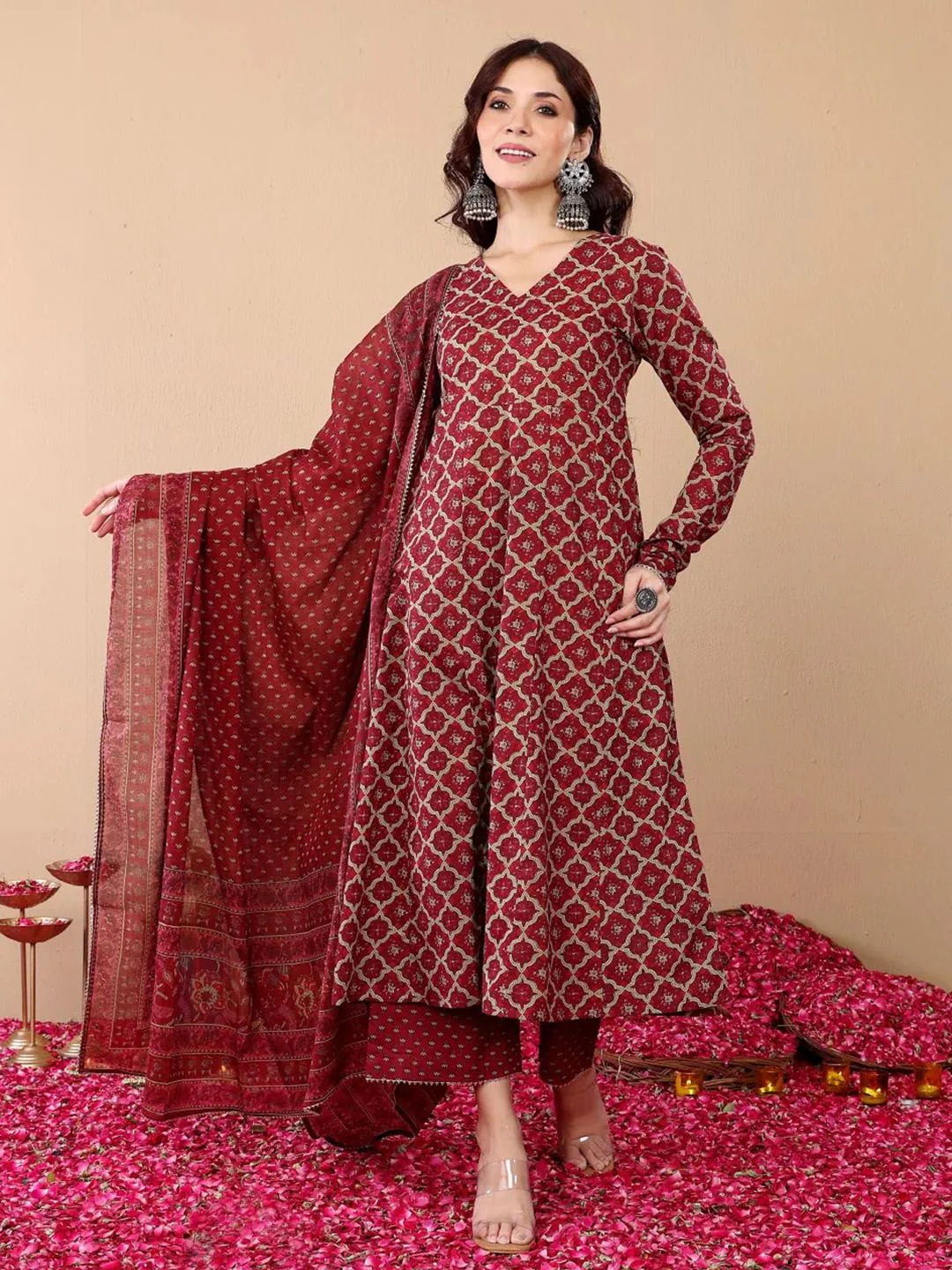 KALINI Ethnic Motifs Printed V-Neck Anarkali Kurta With Trousers And Dupatta - Image 3