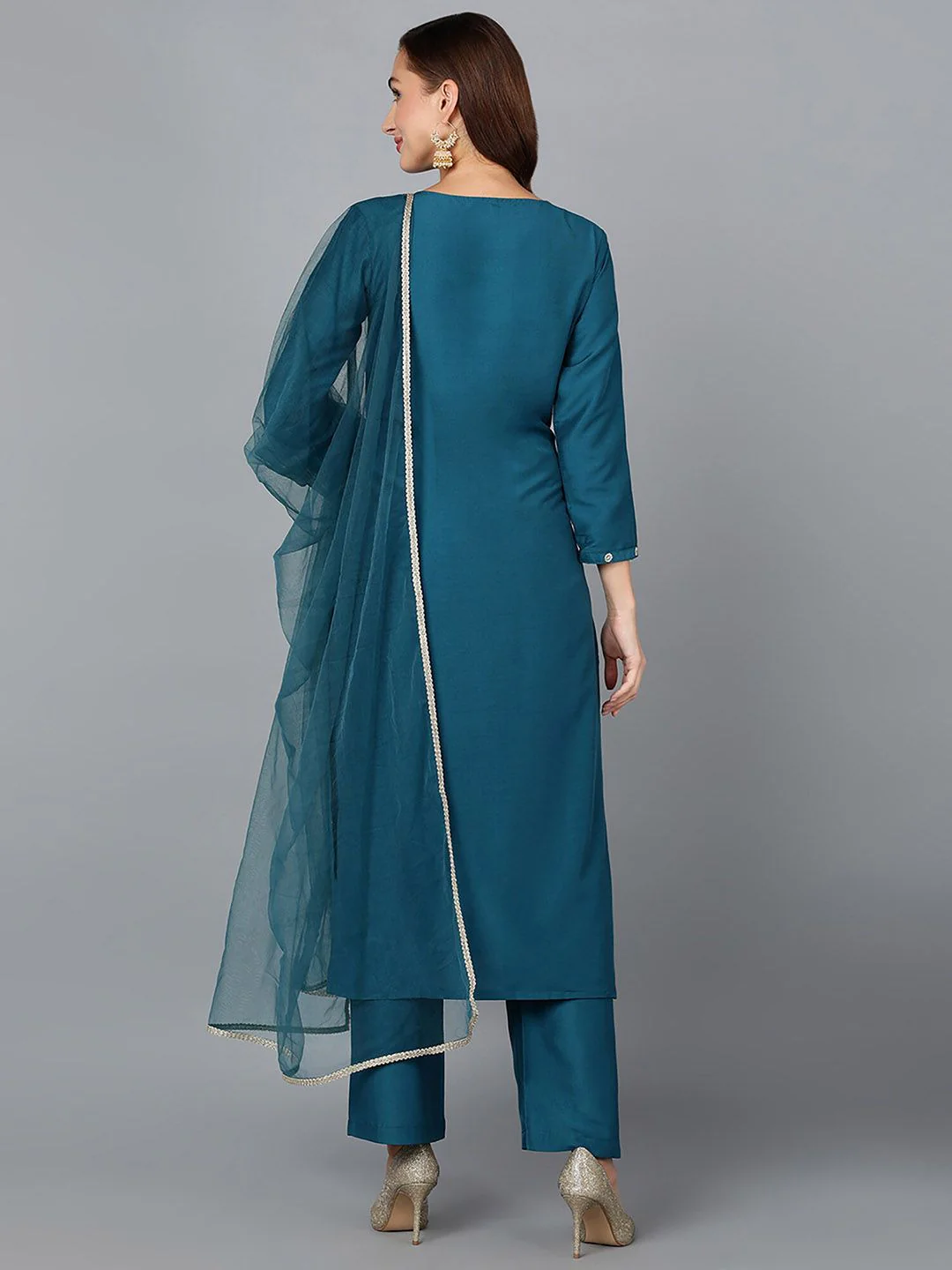 KALINI Ethnic Motifs Sequinned Embroidered Straight Kurta With Trousers & Dupatta - Image 6