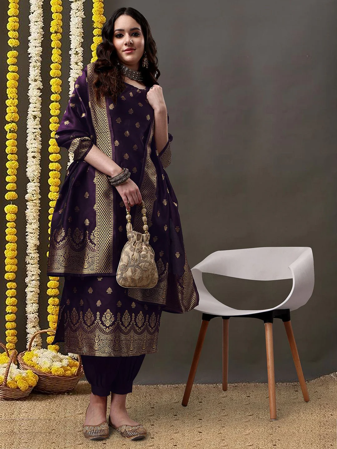 KALINI Ethnic Motifs Woven Design Kurta With Salwar & Dupatta - Image 4