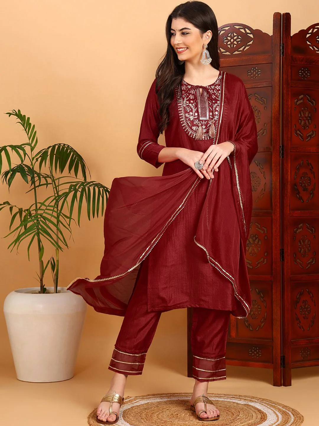 KALINI Ethnic Motifs Yoke Design Mirror Work Straight Kurta & Trousers With Dupatta - Image 5