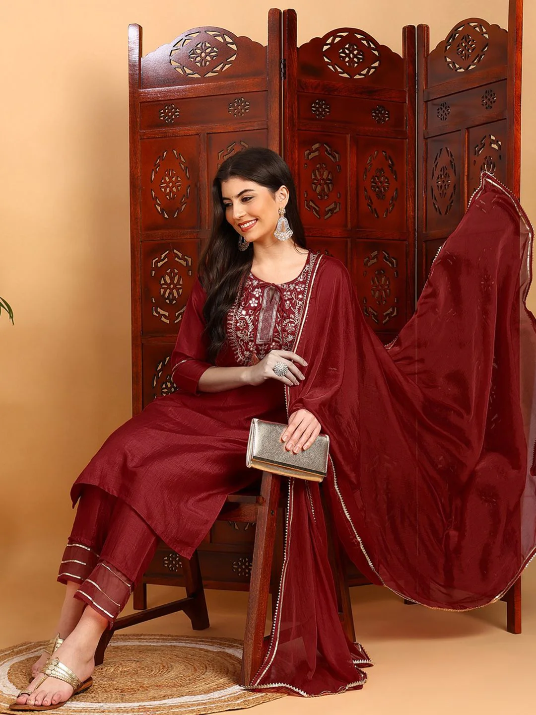 KALINI Ethnic Motifs Yoke Design Mirror Work Straight Kurta & Trousers With Dupatta - Image 6