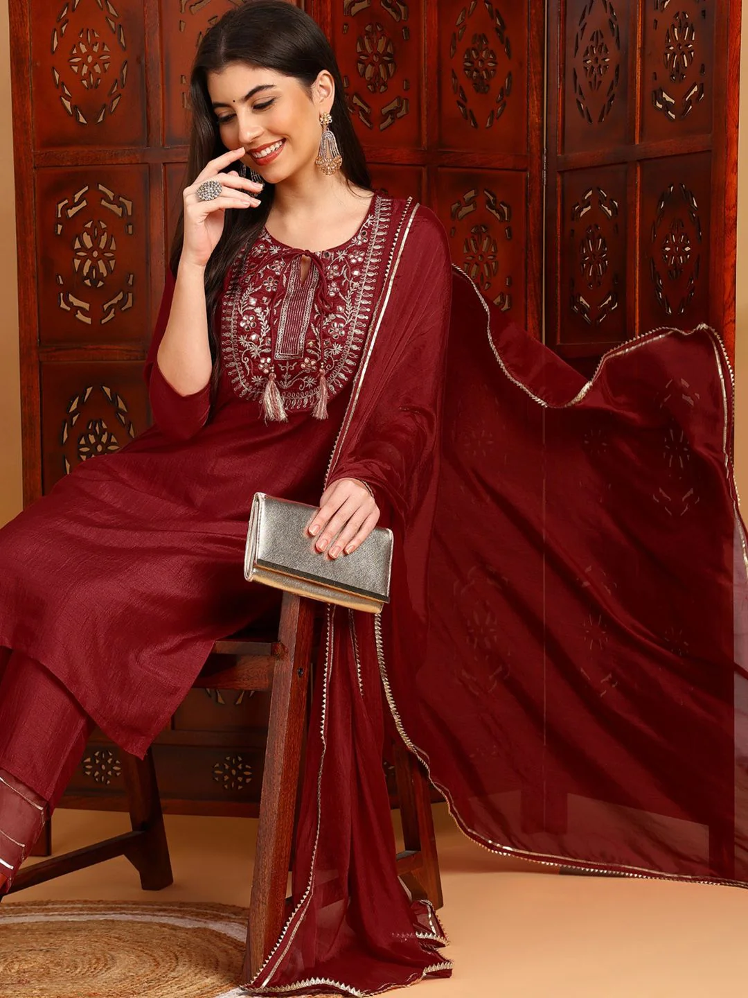KALINI Ethnic Motifs Yoke Design Mirror Work Straight Kurta & Trousers With Dupatta - Image 7