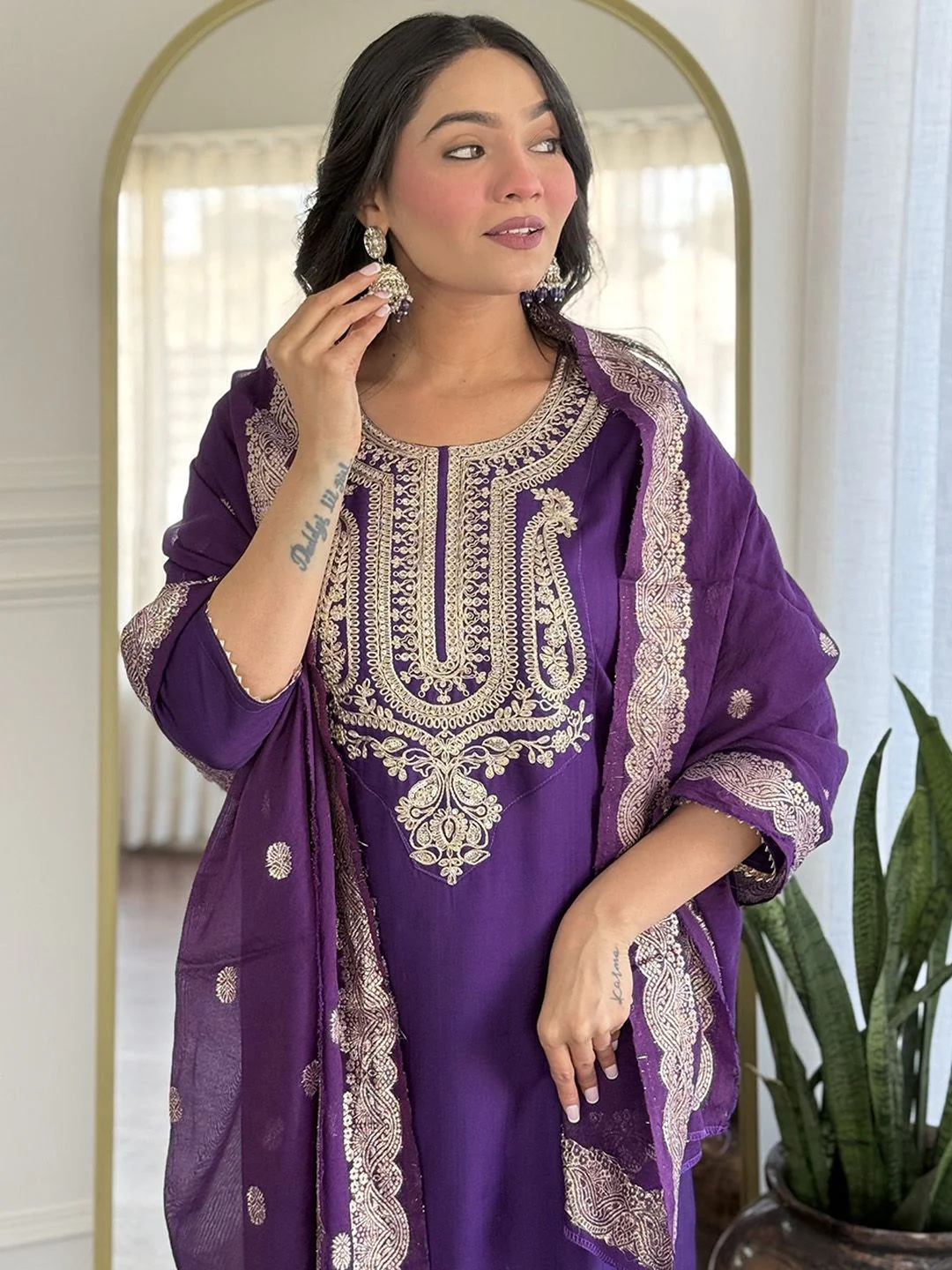 KALINI Ethnic Motifs Yoke Design Pure Silk Straight Kurta With Trousers & Dupatta - Image 7