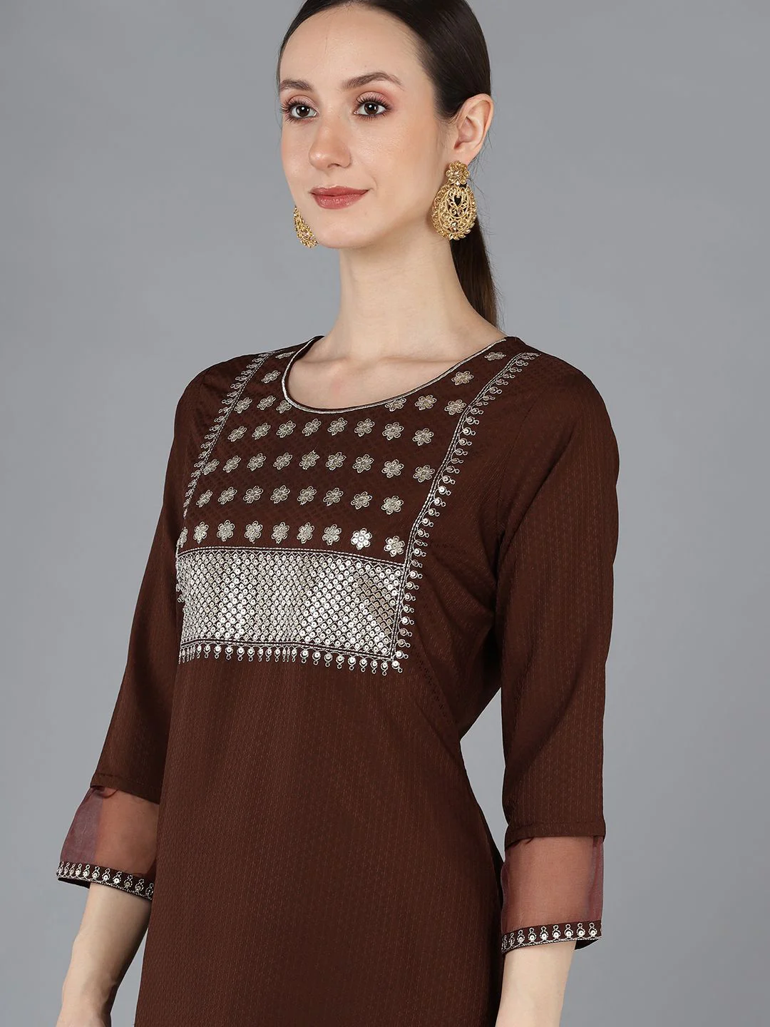 KALINI Ethnic Motifs Yoke Design Regular Sequinned Kurta With Trousers & Dupatta - Image 2