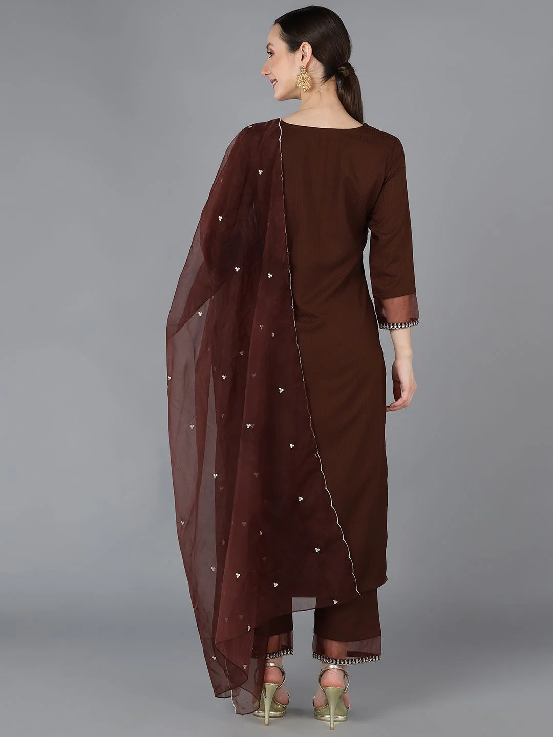 KALINI Ethnic Motifs Yoke Design Regular Sequinned Kurta With Trousers & Dupatta - Image 6