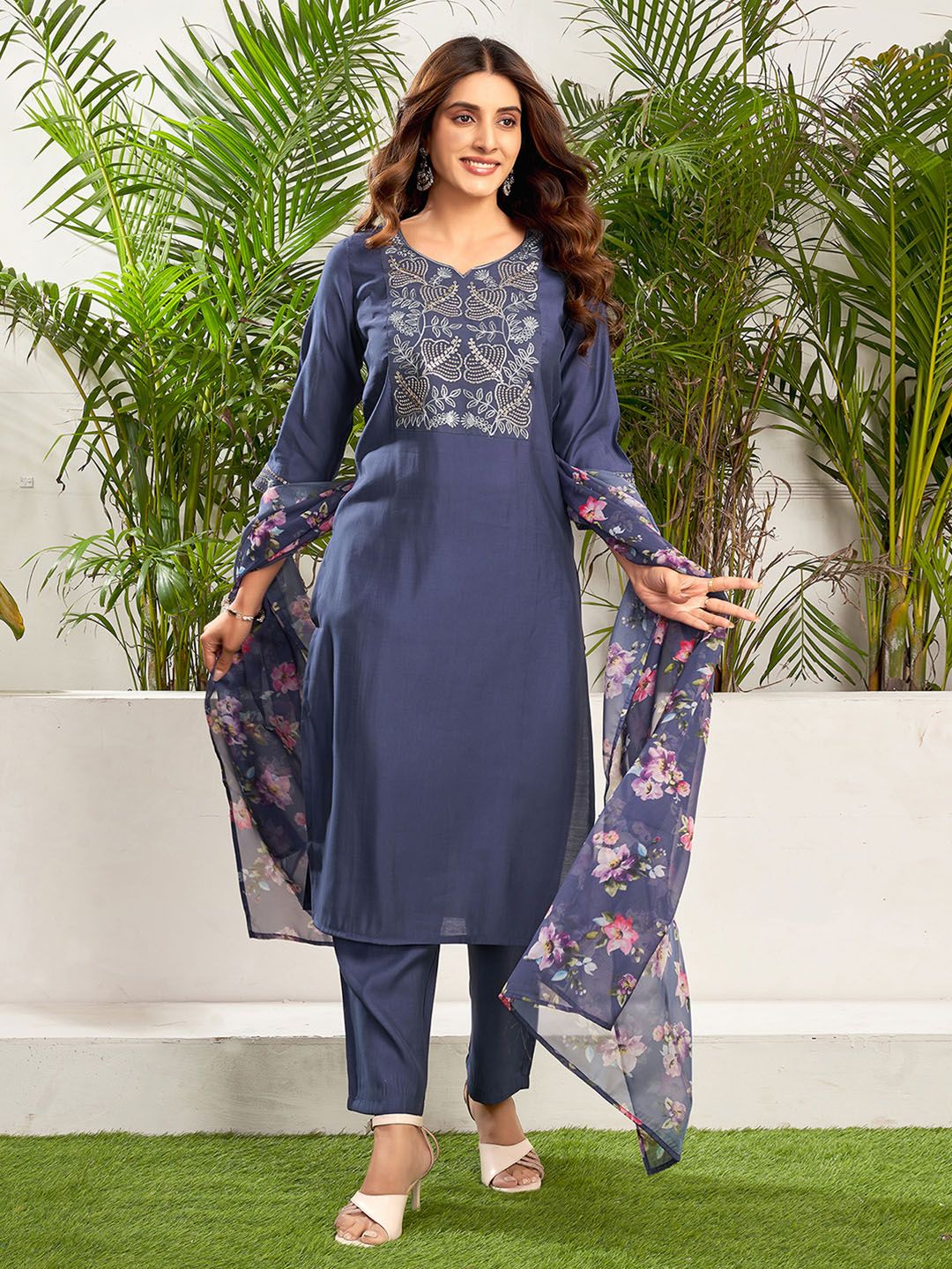 KALINI Ethnic Motifs Yoke Design Sequinned Straight Kurta with Trousers & Dupatta - Image 2