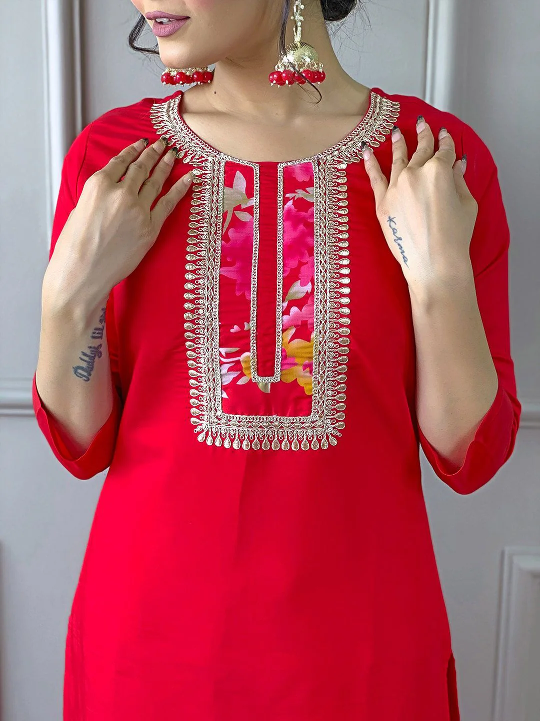 KALINI Ethnic Motifs Yoke Design Thread Work Straight Kurta with Trousers & Dupatta - Image 2