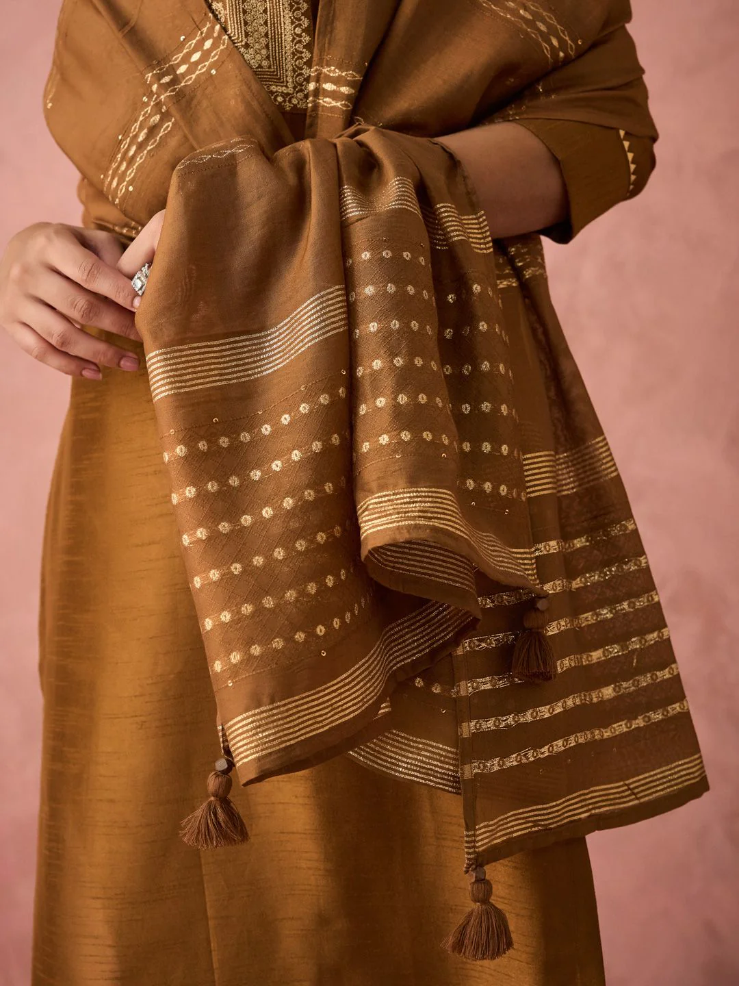 KALINI Ethnic Motifs Yoke Design Thread Work Straight Kurta with Trousers & Dupatta - Image 4