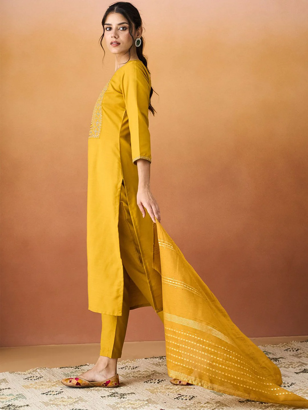 KALINI Ethnic Motifs Yoke Design Thread Work Straight Kurta With Trousers & Dupatta - Image 3