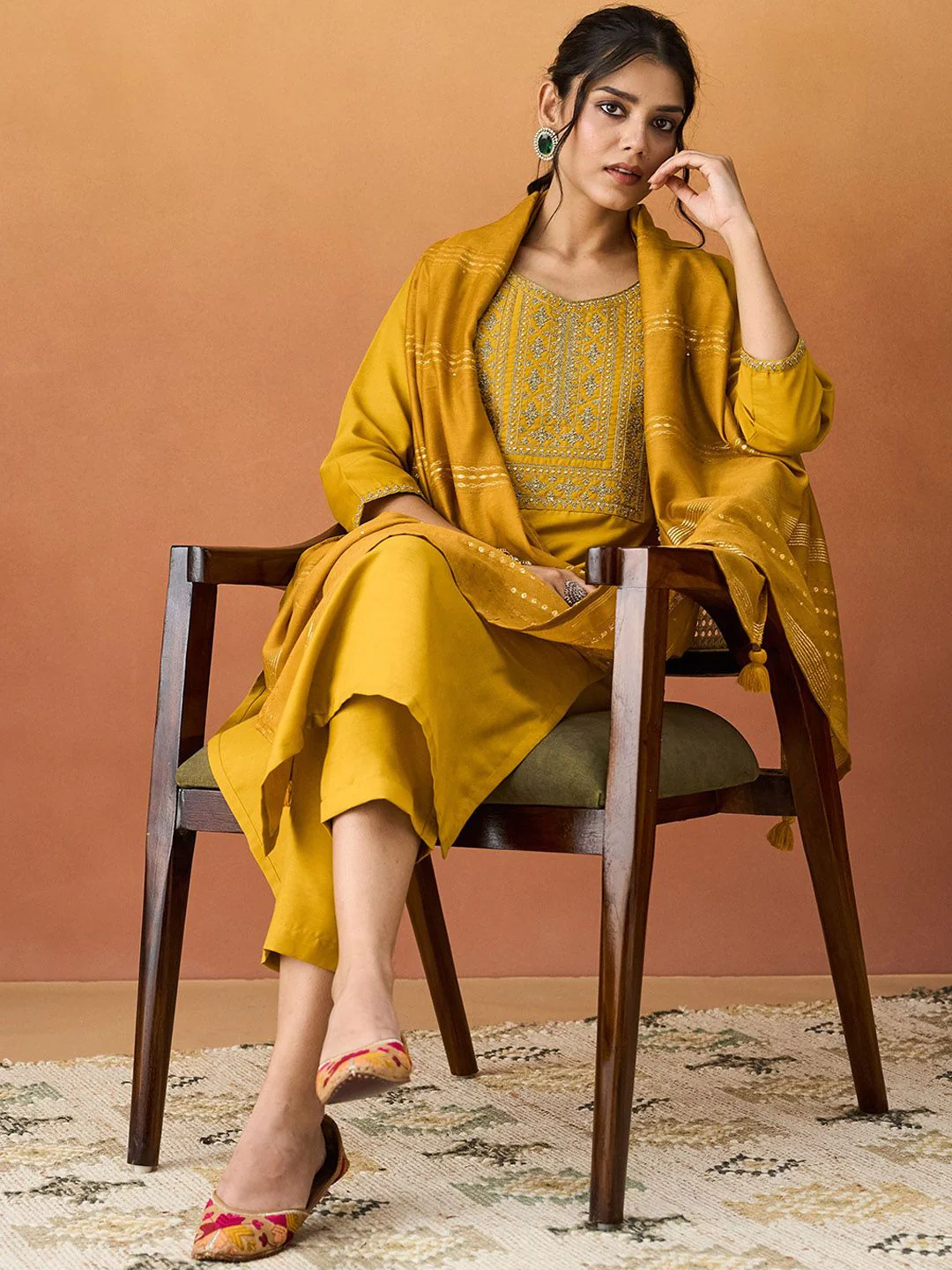 KALINI Ethnic Motifs Yoke Design Thread Work Straight Kurta With Trousers & Dupatta - Image 4