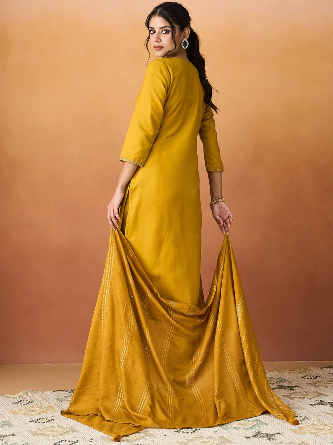 KALINI Ethnic Motifs Yoke Design Thread Work Straight Kurta With Trousers & Dupatta - Image 5