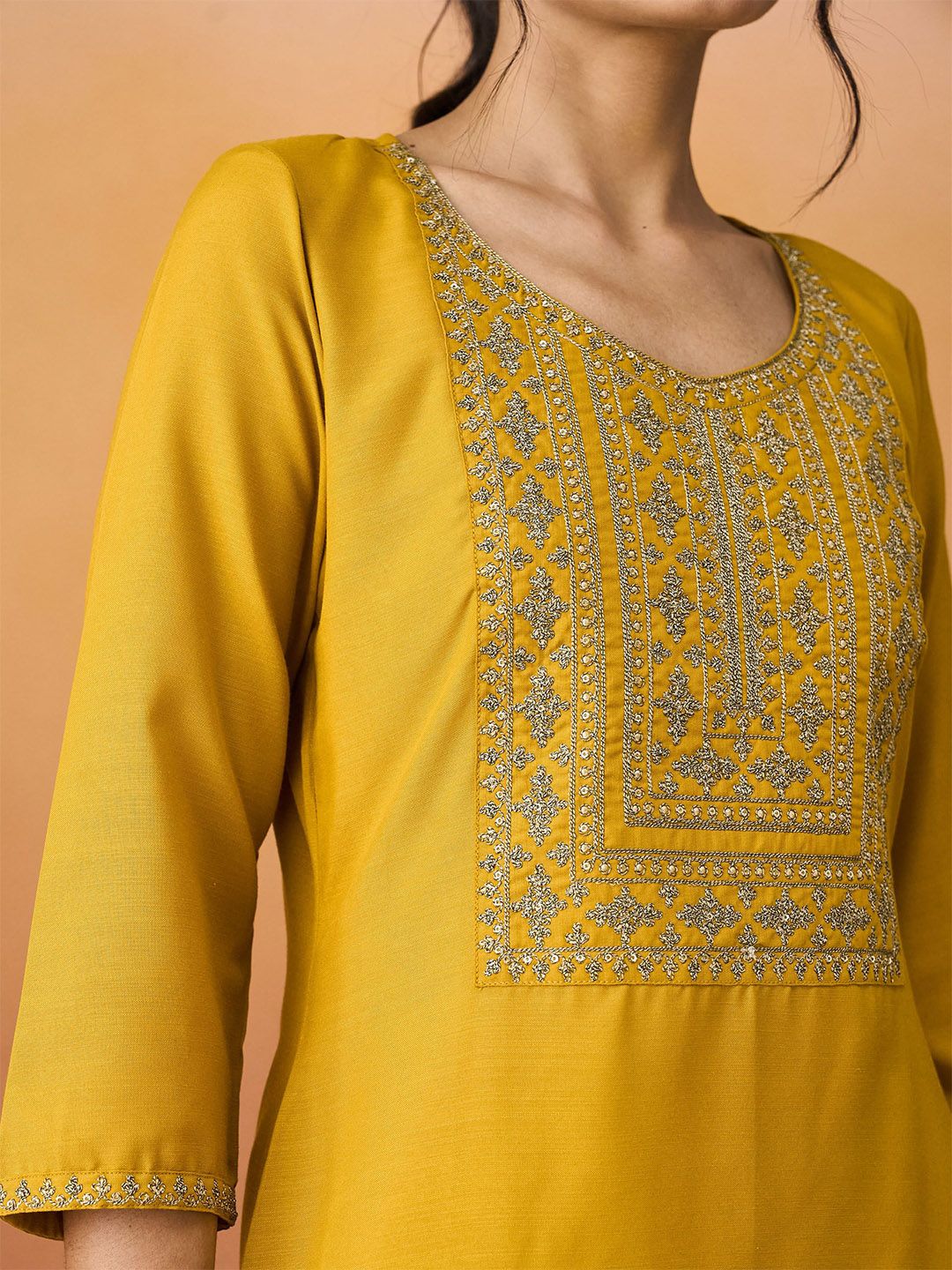 KALINI Ethnic Motifs Yoke Design Thread Work Straight Kurta With Trousers & Dupatta - Image 6