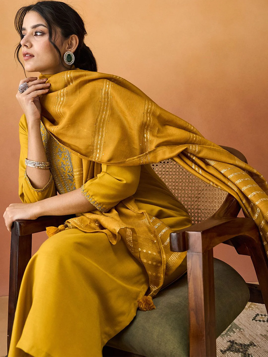 KALINI Ethnic Motifs Yoke Design Thread Work Straight Kurta With Trousers & Dupatta - Image 7