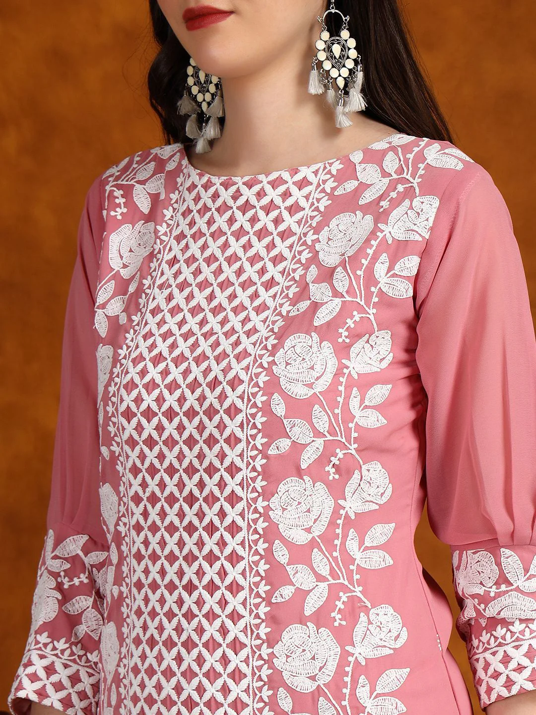 KALINI Floral Embroidered Chikankari Kurta With Trousers & Dupatta - Image 2