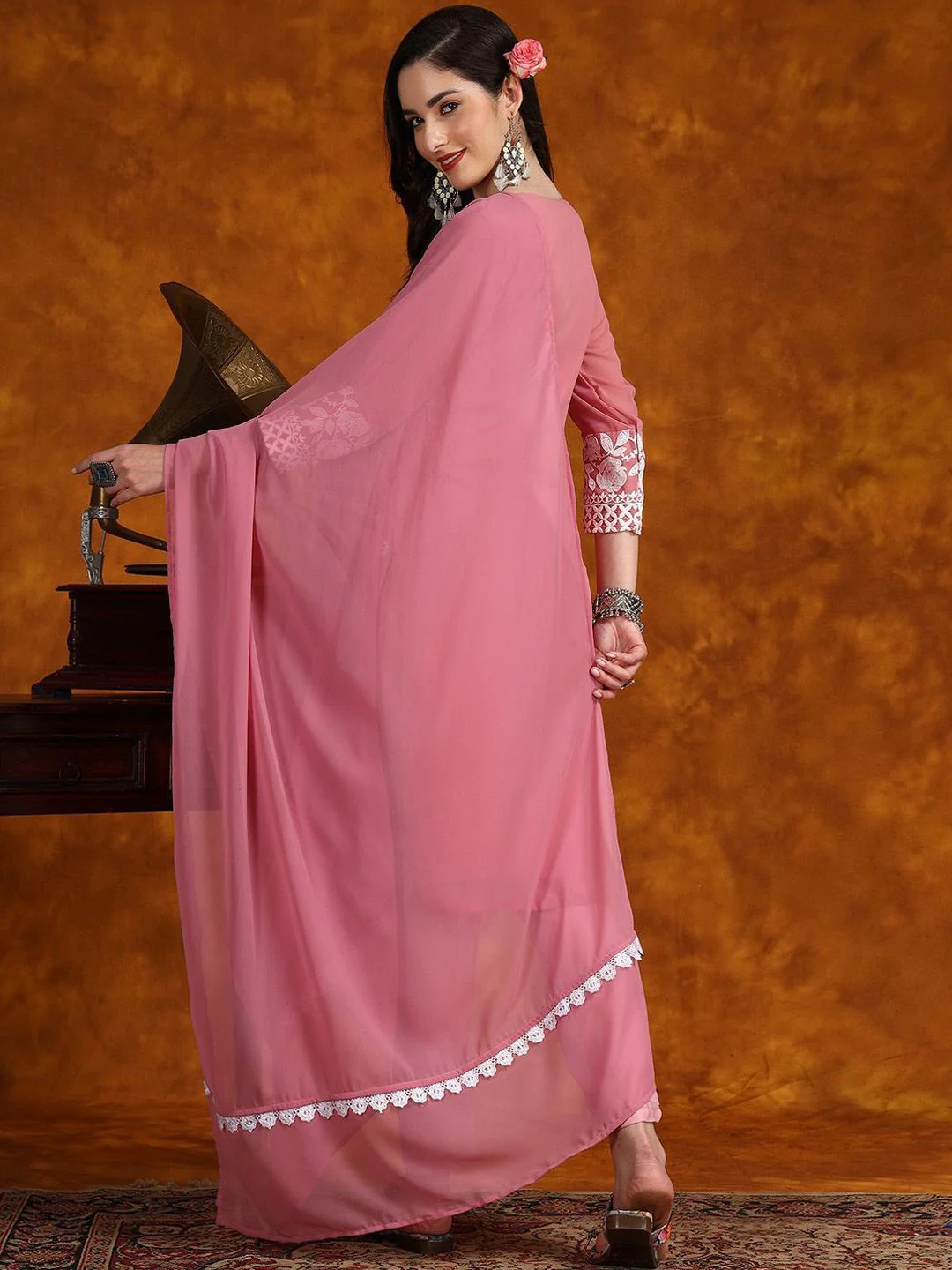 KALINI Floral Embroidered Chikankari Kurta With Trousers & Dupatta - Image 4