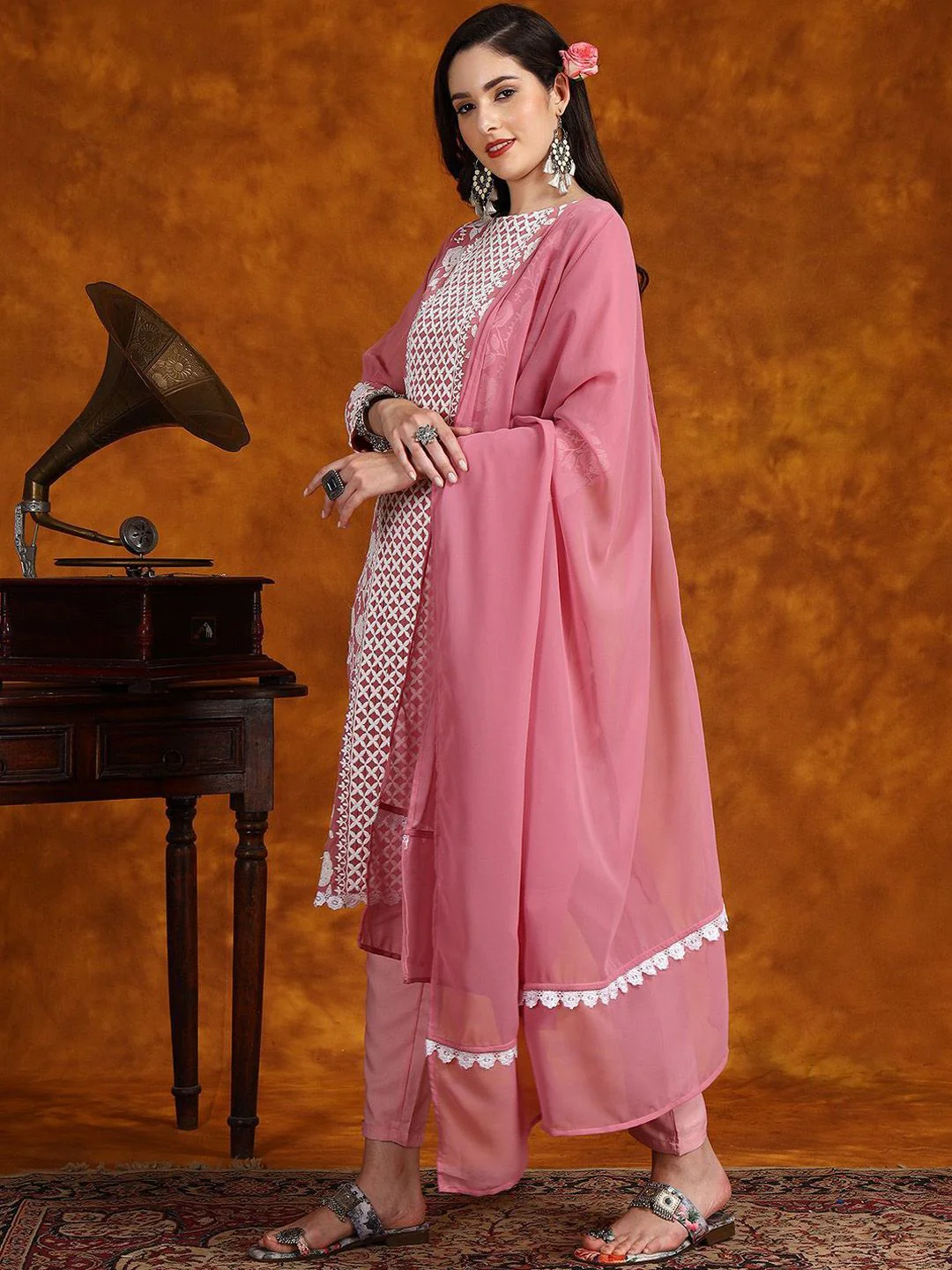 KALINI Floral Embroidered Chikankari Kurta With Trousers & Dupatta - Image 5