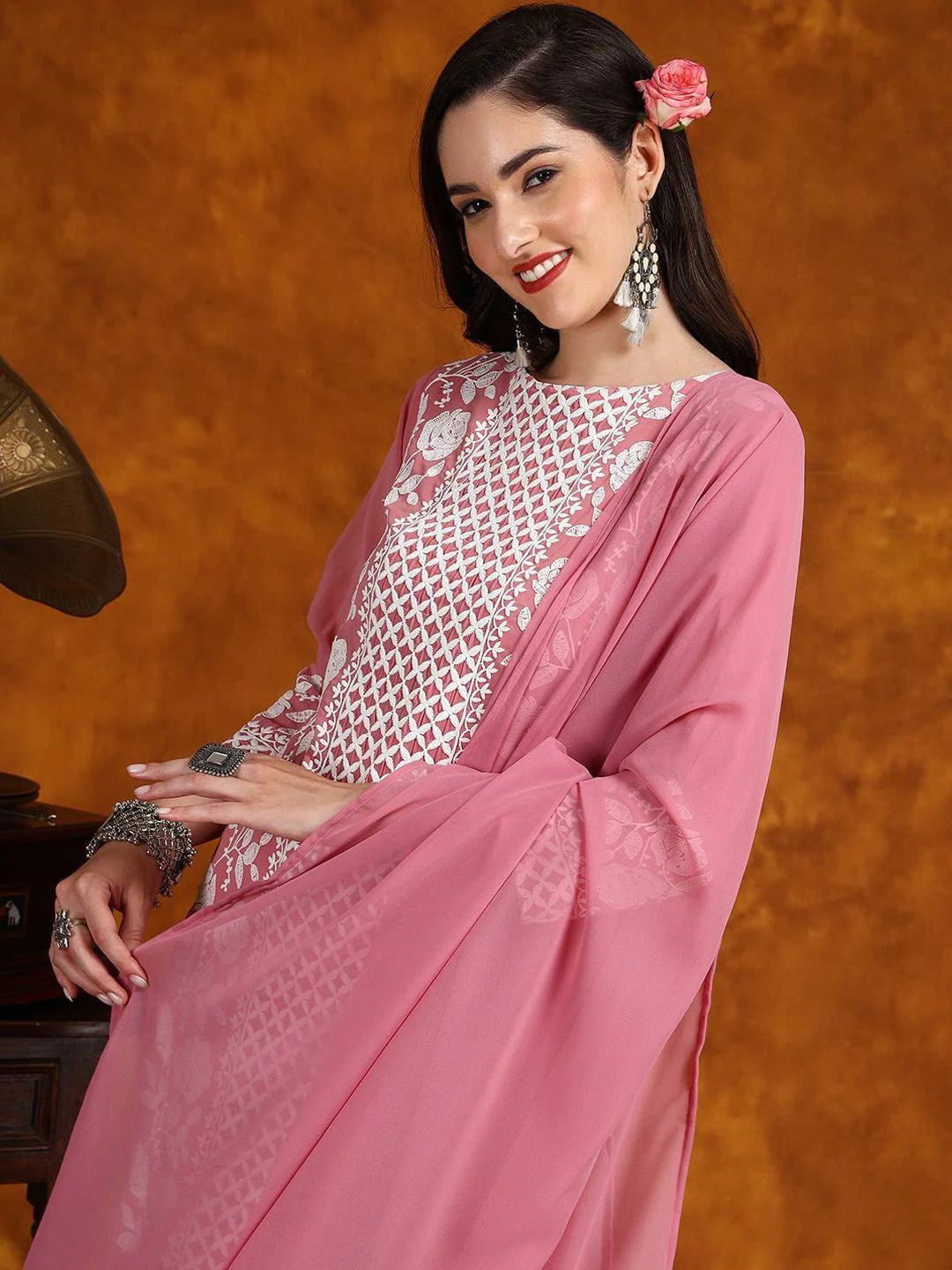 KALINI Floral Embroidered Chikankari Kurta With Trousers & Dupatta - Image 7