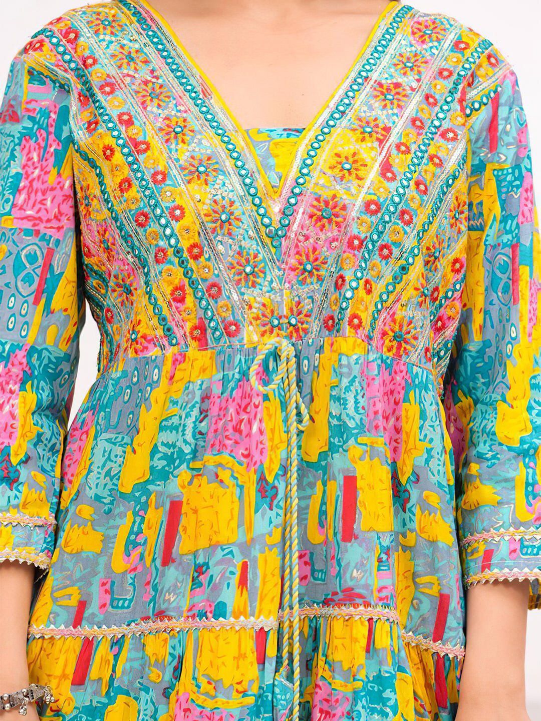 KALINI Floral Embroidered Mirror Work Anarkali Kurta With Trousers & Dupatta - Image 2